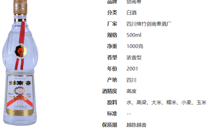 2001年剑南春52度多少钱一瓶 2001年剑南春52度图片价格